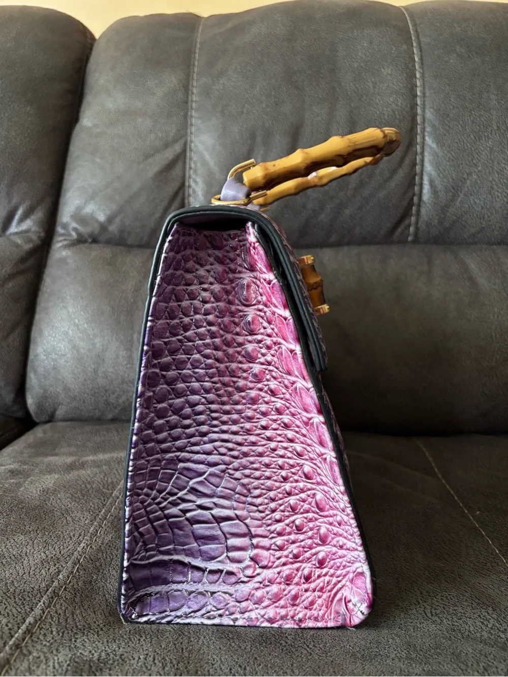 Purple Ombre Croc-Embossed Top Handle Bag with Bamboo Accent